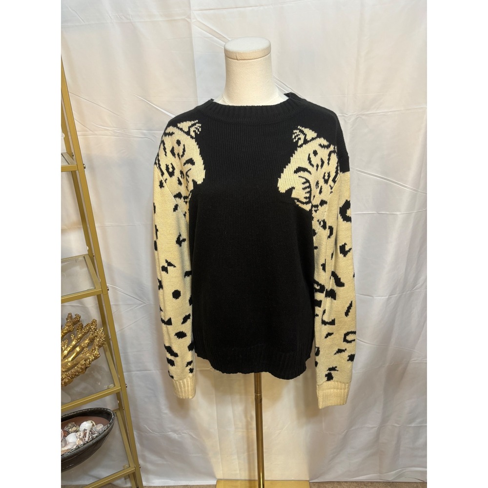 Angashion Womens XL Leopard Print Colorblock‎ Crewneck Sweater Black Cream Knit